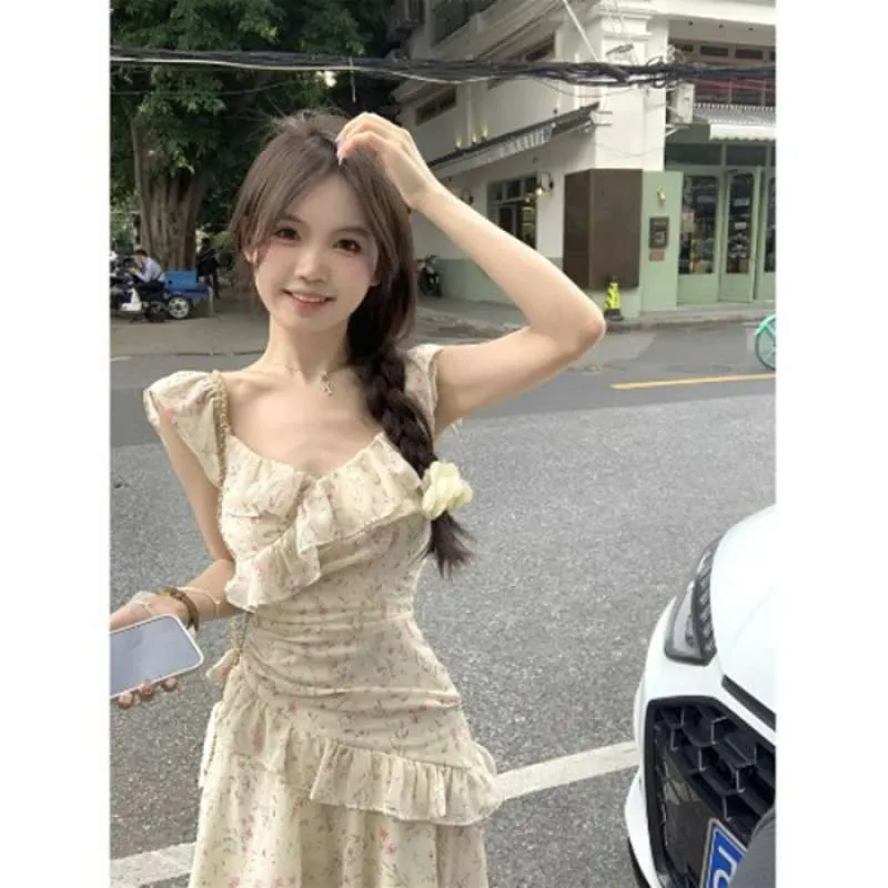 Territory cherry blossom dress to impress Summer New Mori Student Fresh Floral Irregular Suspender Skirt Temperament Slimming Inner Wear Dress Women
