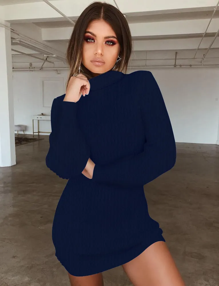 Turtleneck Long Bishop Sleeves Women Pullover Oversized Sweater Dress