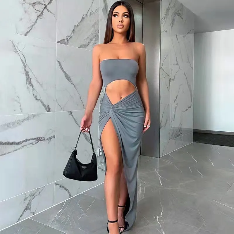 Uniwim outfit inspo E-Commerce Women's Clothing New Solid Color Hollow-out Navel Pleated Wrapped Chest Length Dress