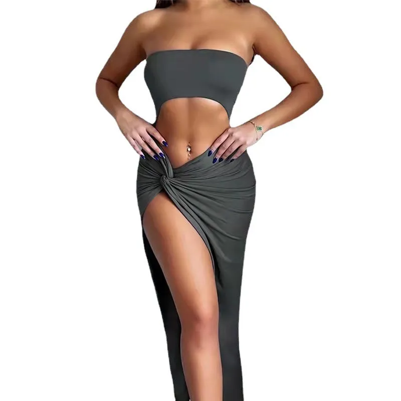 Uniwim outfit inspo E-Commerce Women's Clothing New Solid Color Hollow-out Navel Pleated Wrapped Chest Length Dress