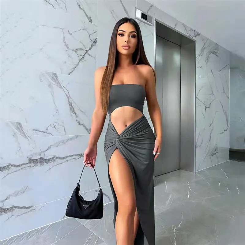 Uniwim outfit inspo E-Commerce Women's Clothing New Solid Color Hollow-out Navel Pleated Wrapped Chest Length Dress