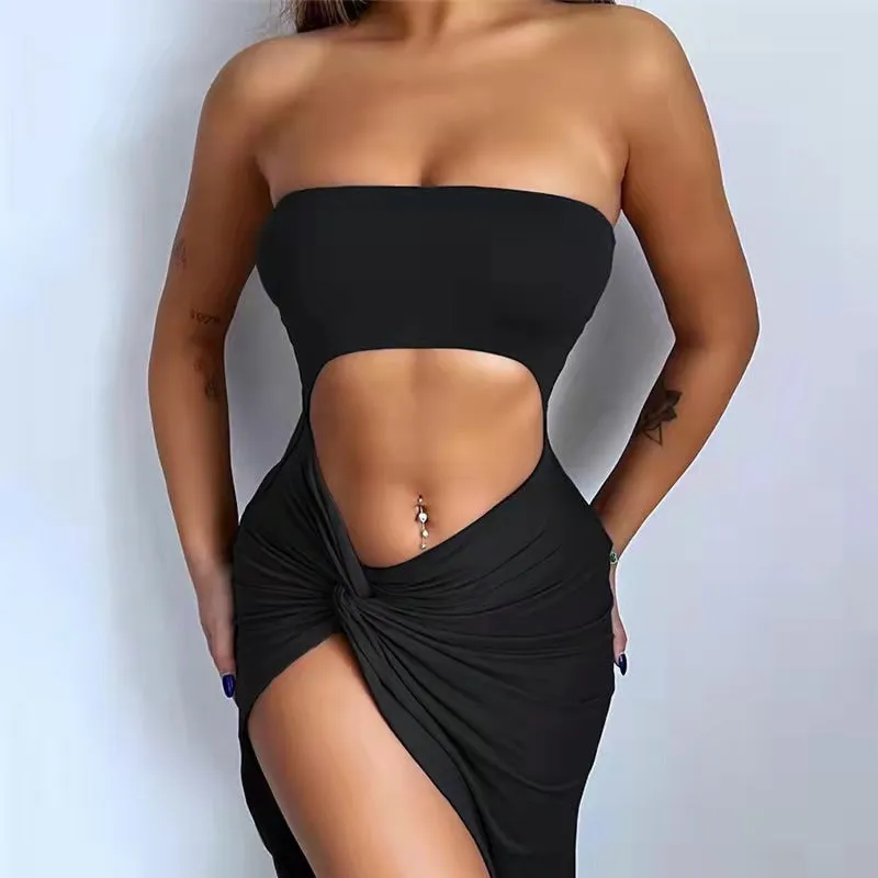 Uniwim outfit inspo E-Commerce Women's Clothing New Solid Color Hollow-out Navel Pleated Wrapped Chest Length Dress