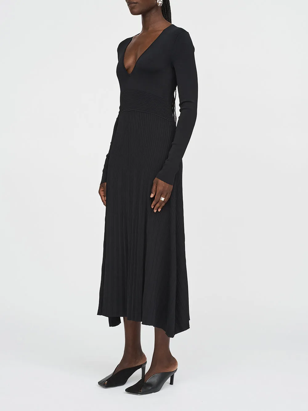V-Neck Pleated Midi Dress