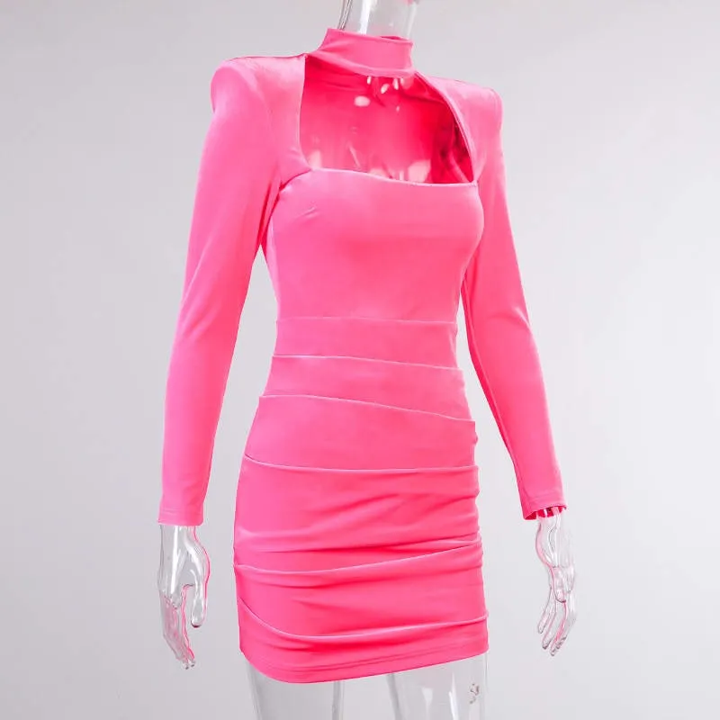 Velvet High Neck Ruched Mini Dress
