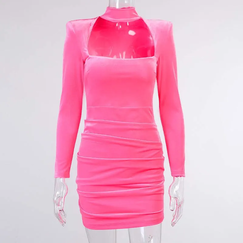 Velvet High Neck Ruched Mini Dress