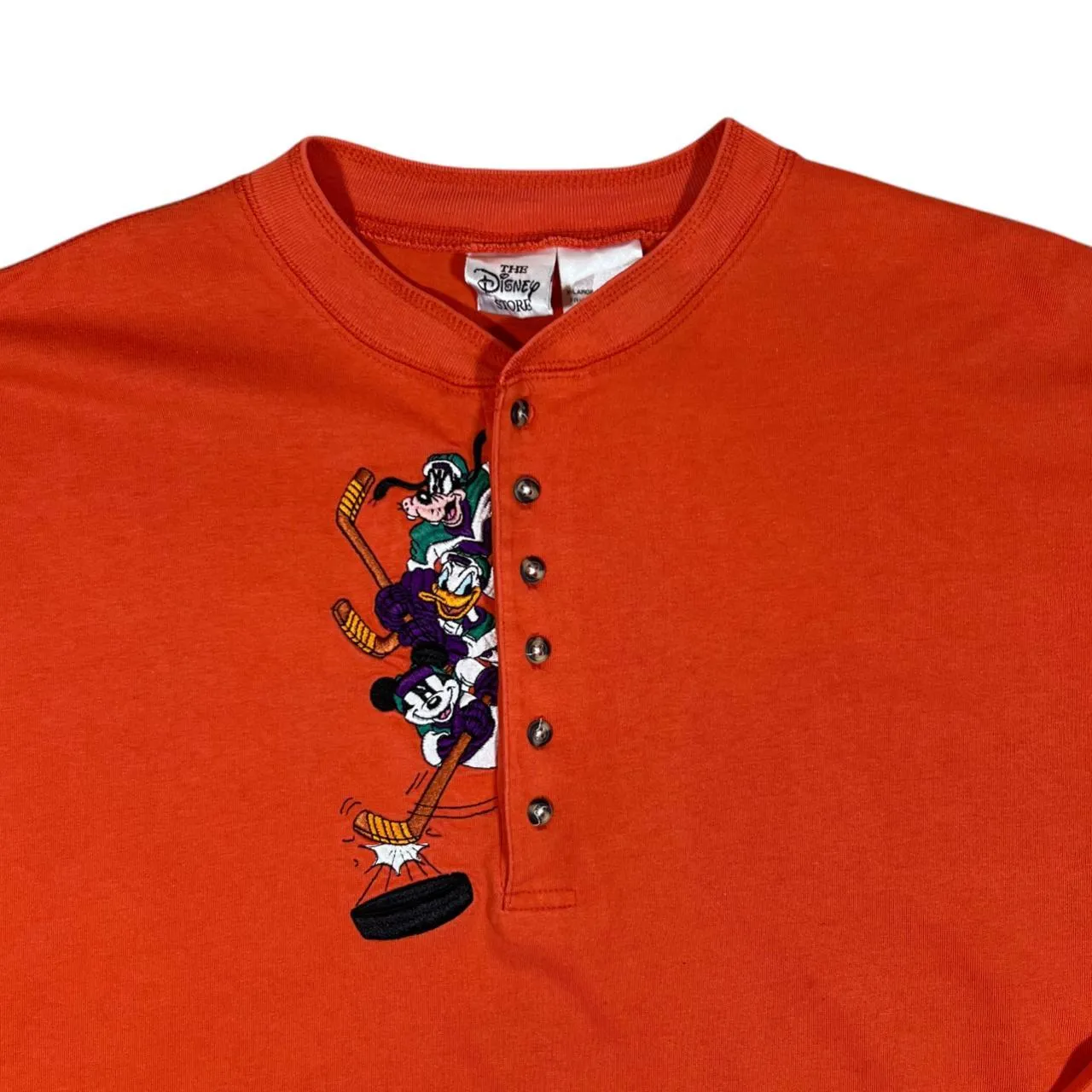 Vintage 90's The Disney Store Embroidered Hockey Character Henley Button Long Sleeve T-Shirt