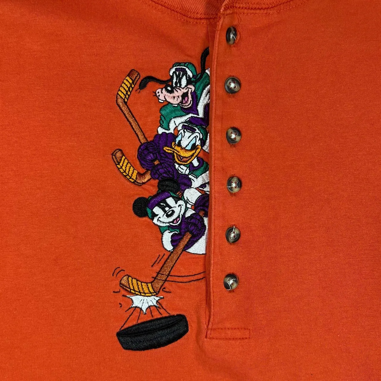 Vintage 90's The Disney Store Embroidered Hockey Character Henley Button Long Sleeve T-Shirt