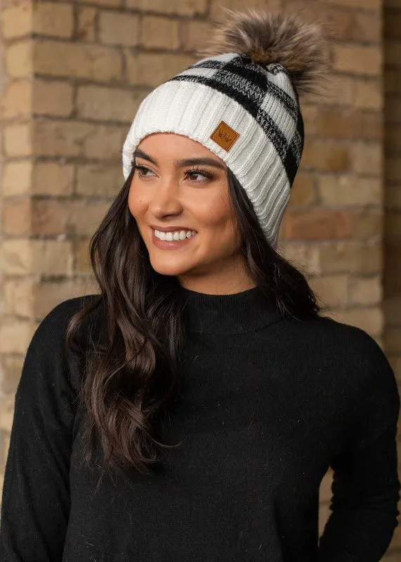 White/Black Buffalo Plaid Pom Beanie