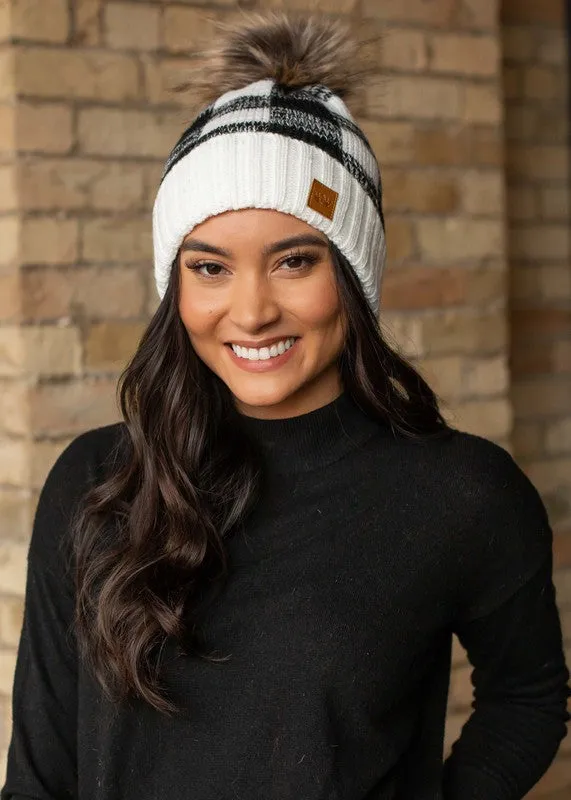 White/Black Buffalo Plaid Pom Beanie