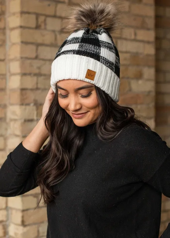 White/Black Buffalo Plaid Pom Beanie