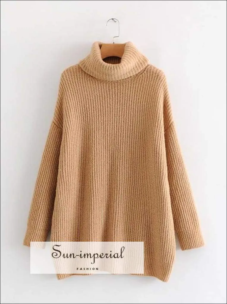 Women Khaki Oversized Turtleneck Loose Pullovers Jumper Soft Warm Sweater