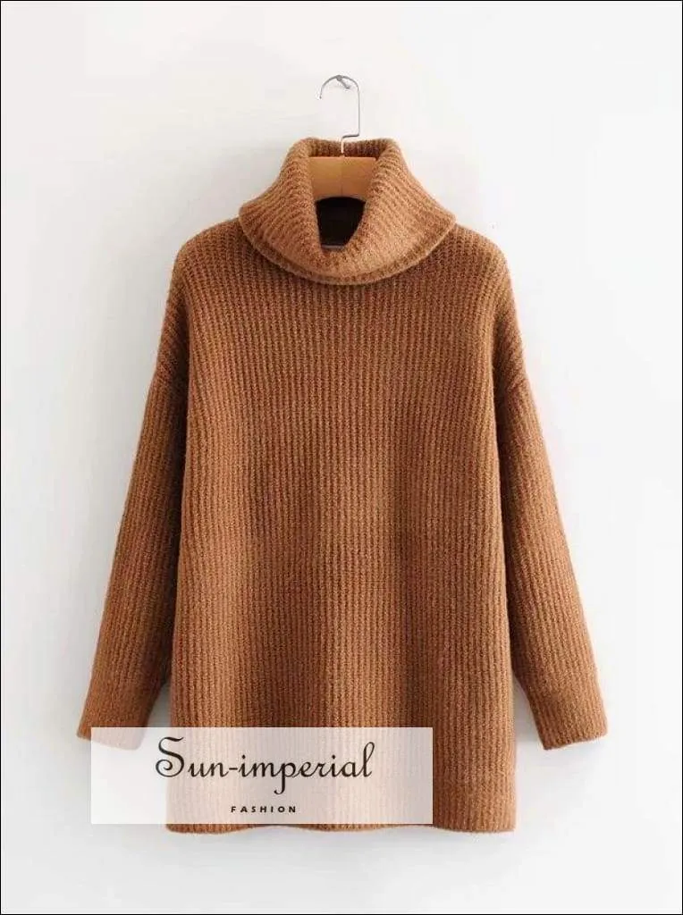 Women Khaki Oversized Turtleneck Loose Pullovers Jumper Soft Warm Sweater