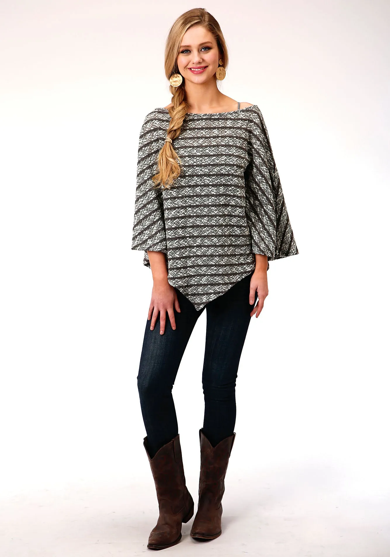 WOMENS BLACK AND WHITE STRIPE OPEN KNIT PONCHO SWEATER