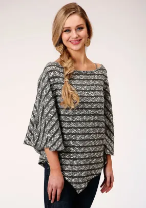 WOMENS BLACK AND WHITE STRIPE OPEN KNIT PONCHO SWEATER