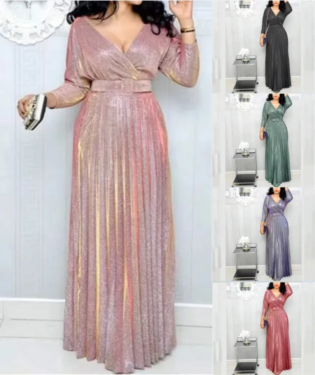 Women's Clothing Fashion Long Sleeve Bronzing Pleated Puffy Dress With Belt