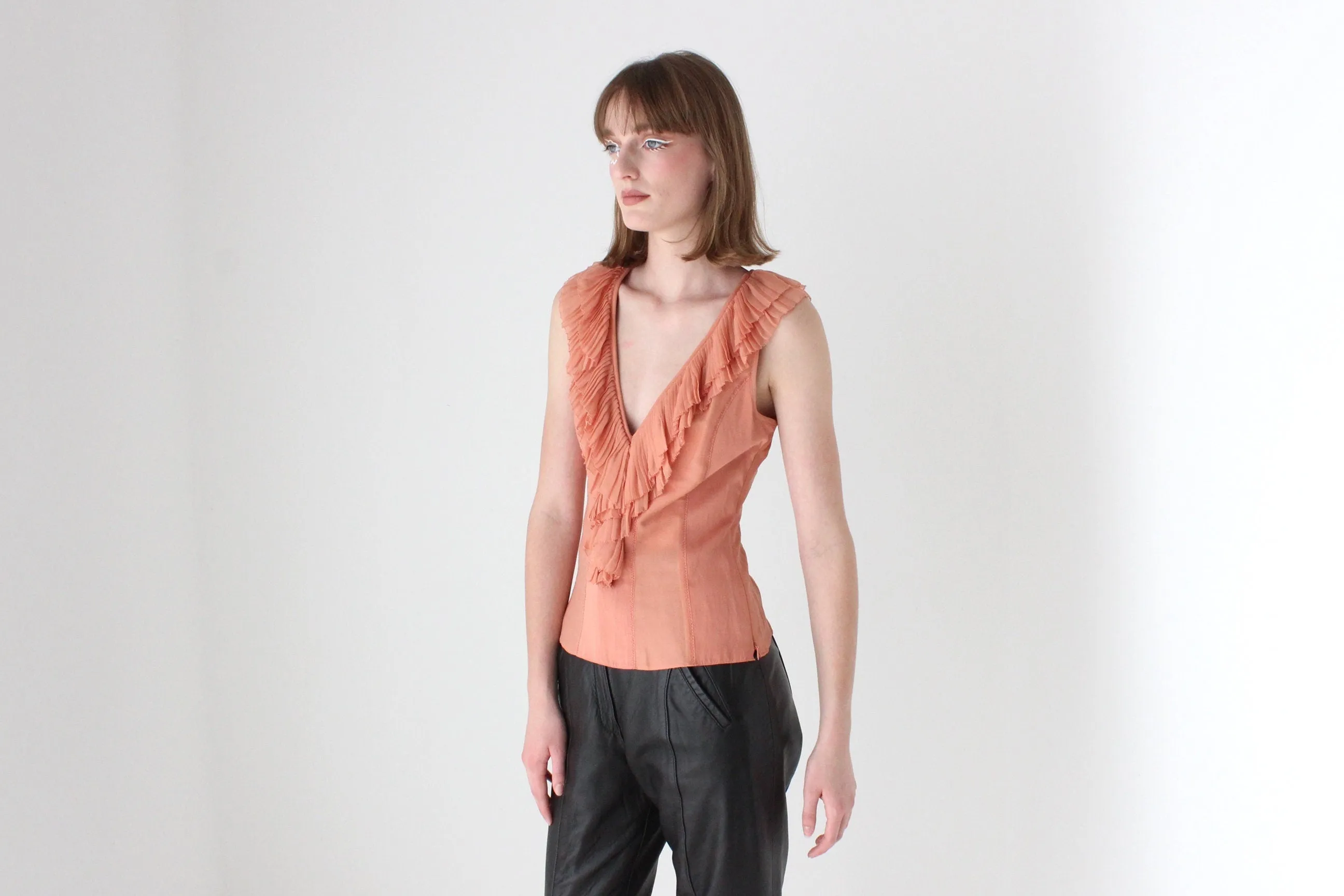 Y2K Designer CATHERINE MALANDRINO Pleated Silk Ruffle Bustier Top