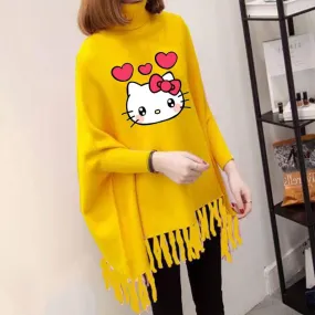 Yellow Kitty Printed Poncho